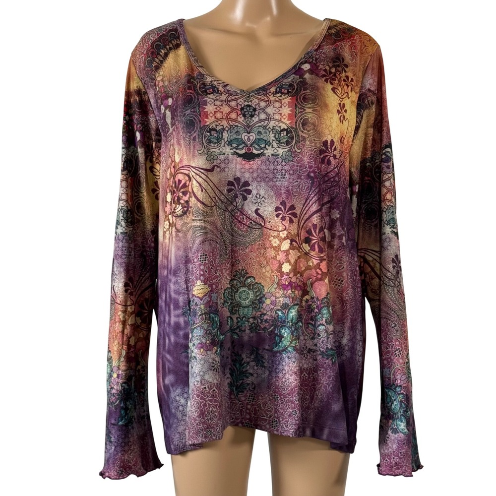 Xcit USA Women's Plus 1X Purple Paisley Floral V-Neck Long Sleeve Top NWT